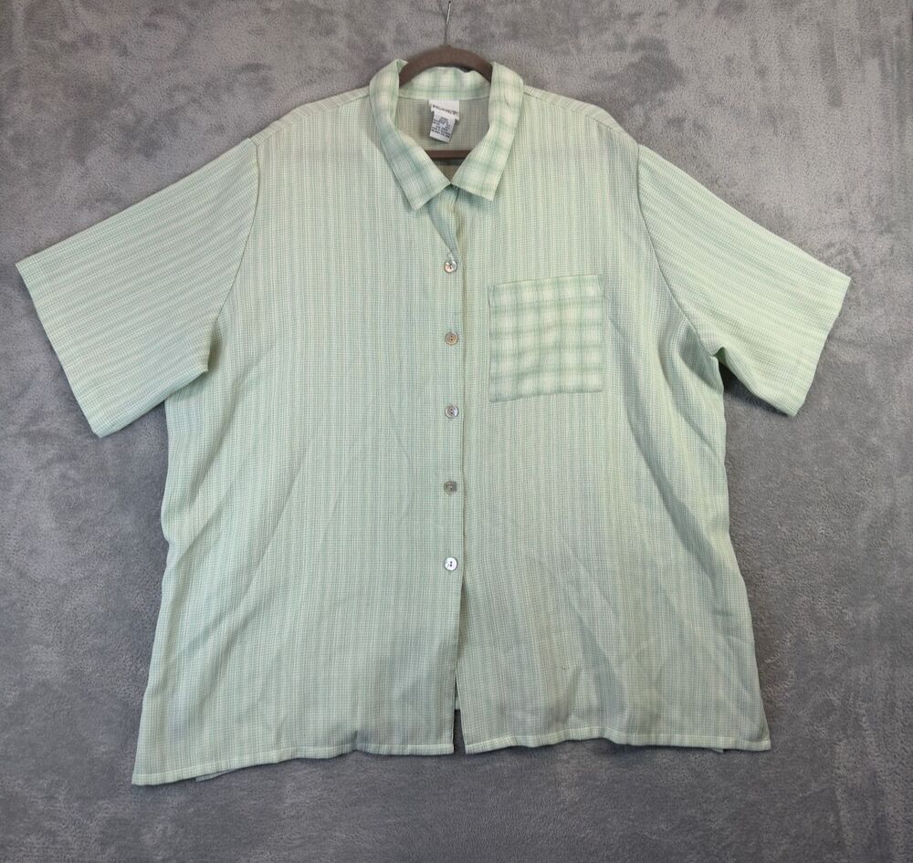 Koret Shirt Womens 26W Green Striped Button Up Front Pocket Casual Plus Size Top
